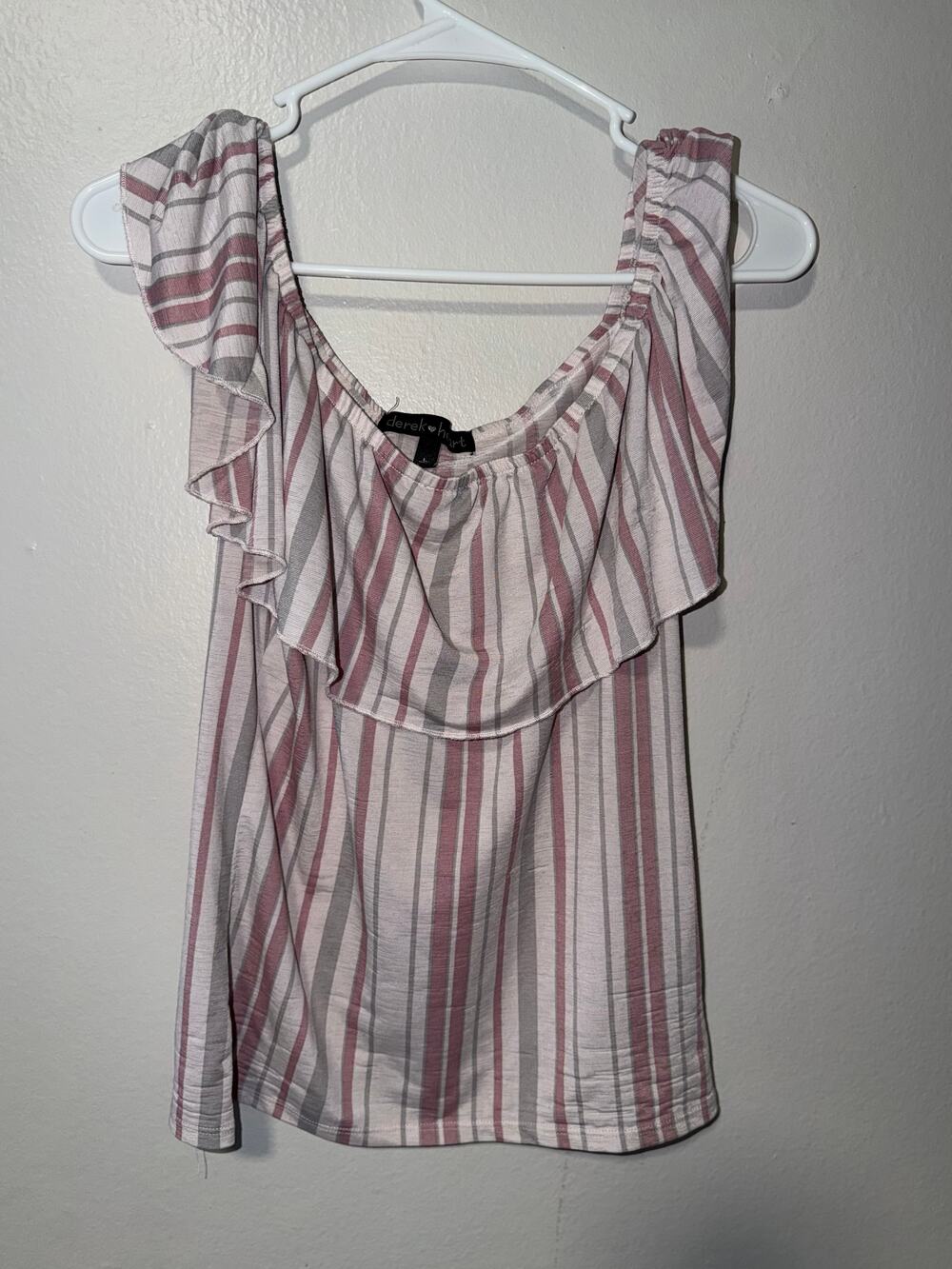 Derek Heart Pink Grey and White Striped Tank Top Ruffle Overlay Scoop Neck